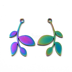 Ion Plating(IP) 304 Stainless Steel Pendants, Leafy Branch Charms, Rainbow Color, 24.5x15x1mm, Hole: 1.6mm(STAS-A070-46MC)