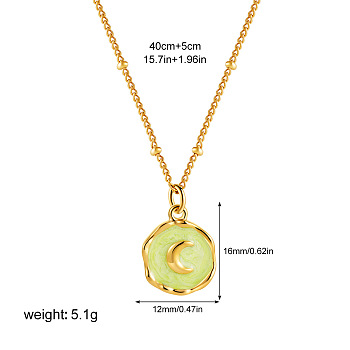 304 Stainless Steel Enamel Flat Round Pendant Necklaces for Women, Real 18K Gold Plated, Moon, 15.75 inch(40cm)