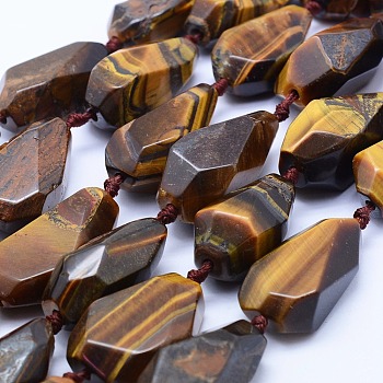 Natural Tiger Eye Beads Strands, Faceted, teardrop, 26~41x12~20mm, Hole: 2mm, about 10~11pcs/strand, 15.7 inch(40cm)