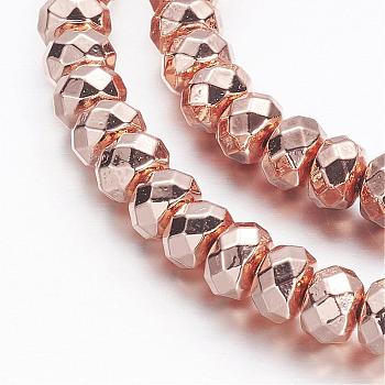 Non-magnetic Synthetic Hematite Beads Strands, Grade A, Faceted, Rondelle, Rose Gold Plated, 6x4mm, Hole: 1mm, about 101pcs/strand, 15.7 inch