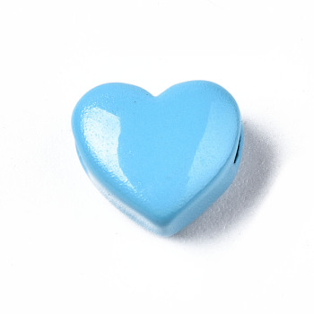Spray Painted Brass Beads, Heart, Cornflower Blue, 9x10.5x6mm, Hole: 2mm