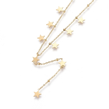 304 Stainless Steel Pendant Necklaces, with Cable Chains and Round Beads, Star, Golden, 15.75 inch(40cm)