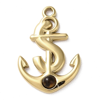 Vacuum Plating 316 Stainless Steel Pendants, with Natural Tiger Eye, Anchor, Real 18K Gold Plated, 23x15.5x3mm, Hole: 1.8mm