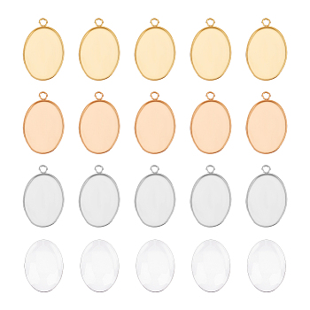30Pcs 3 Colors 304 Stainless Steel Pendant Cabochon Settings, Plain Edge Bezel Cups, Oval, with 30Pcs Transparent Oval Glass Cabochons, Mixed Color, Tray: 18x13mm, 22x14x1.5mm, Hole: 1.5mm, 10pcs/color