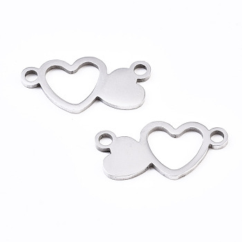 201 Stainless Steel Link Connectors, Laser Cut, Double Heart, Stainless Steel Color, 9x18x1mm, Hole: 1.6mm