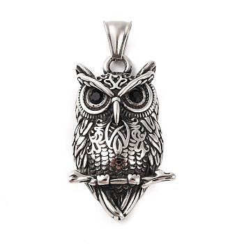 316 Surgical Stainless Steel Big Pendants, with Rhinestone, Owl Charm, Antique Silver, 41x24.5x8mm, Hole: 4x8.5mm