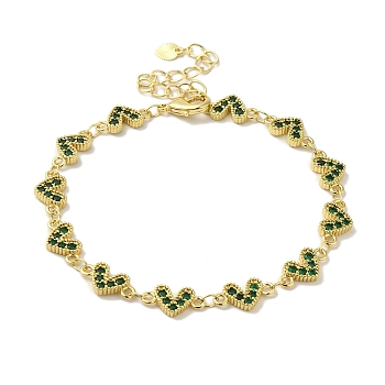 Rack Plating Brass Micro Pave Cubic Zirconia Heart Link Chain Bracelets for Women, Cadmium Free & Lead Free, Long-Lasting Plated, Real 18K Gold Plated, Green, 7-1/2 inch(19cm)