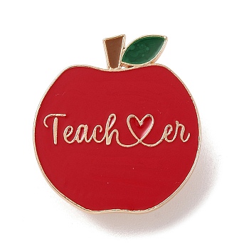 Teacher's Day Theme Rack Plating Light Gold Alloy Brooches, Enamel Pins, Apple, 27.5x25x1.5mm