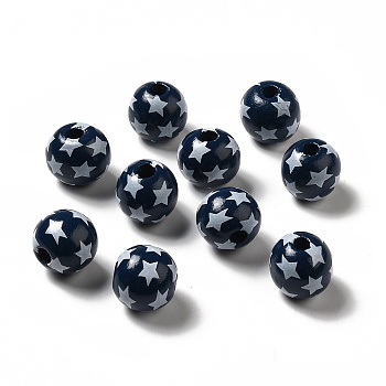 Independence Day Theme Printed Natural Wooden Beads, Round with Star Pattern, Marine Blue, 16x14.5mm, Hole: 3.5mm