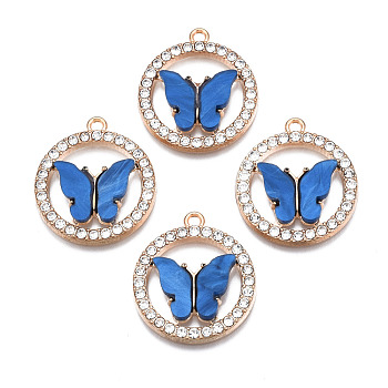 Alloy Rhinestone Pendants, with Acrylic, Cadmium Free & Lead Free, Ring with Butterfly, Light Gold, Blue, 24.5x22x3.5mm, Hole: 1.6mm