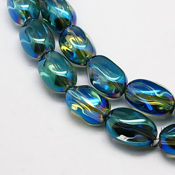 Full Rainbow Plated Crystal Glass Oval Beads, Teal, 21x13mm, Hole: 1mm