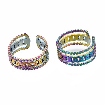 Curb Chain Shape Cuff Rings, Hollow Wide 3 Line Open Rings, Rainbow Color 304 Stainless Steel Rings for Women, US Size 9 1/2(19.3mm)