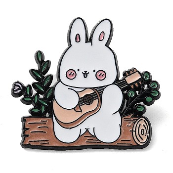Cartoon Camping Rabbit Enamel Pins, Black Zinc Alloy Badge for Women, Guitar, 34.5x38x2mm