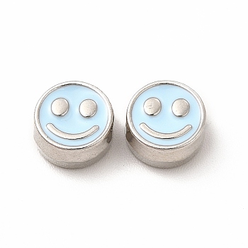 Rack Plating Alloy Enamel Beads, Cadmium Free & Nickel Free & Lead Free, Flat Round with Smiling Face Pattern, Platinum, Light Cyan, 7.5x4mm, Hole: 2mm