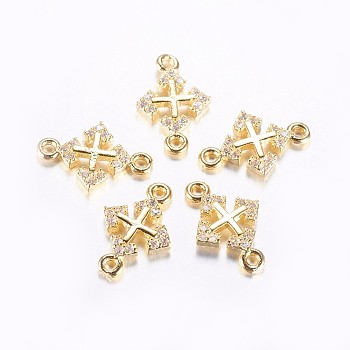 Long-Lasting Plated Brass Micro Pave Cubic Zirconia Links, Clear, Cross, Real 18K Gold Plated, 14.5x9.5x2mm, Hole: 1.5mm