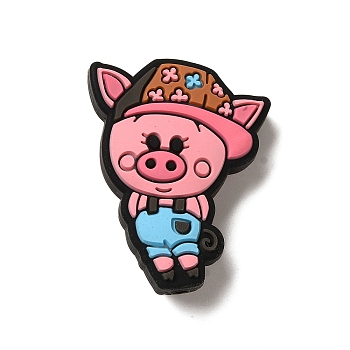 Cartoon Animal Silicone Beads, Pink, Pig, 29x22x8mm, Hole: 2mm