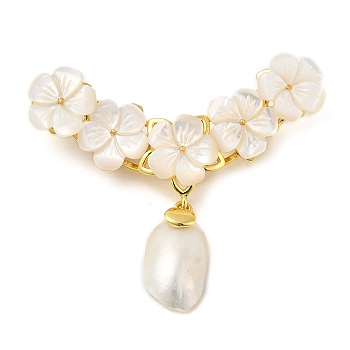 Peach Blossom Flower Natural White Shell Brooches for Women, with Brass Branch, Real Gold Plated, Golden, 44x50x6.5mm