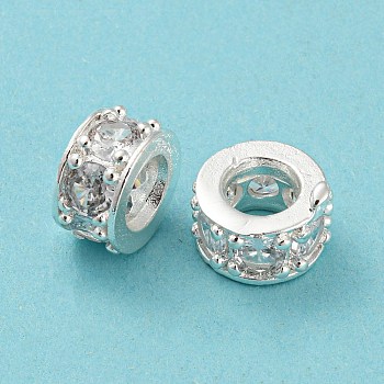Brass Micro Pave Cubic Zirconia European Beads, Large Hole Beads, Long-Lasting Plated, Lead Free & Cadmium Free, Column, Silver, 11x5.5mm, Hole: 5mm