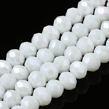 Electroplate Glass Beads Strands, Pearl Luster Plated, Faceted, Rondelle, White, 3.5~3.8x3mm, Hole: 0.4mm, about 113~115pcs/strand, 32.5~33cm