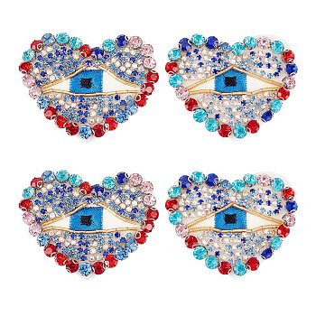 Polyester Embroidery Clothing Patches, Glass Rhinestone Applique, with Felt Base & Brass Finding, Heart with Evil Eye, Colorful, 53x62x6mm
