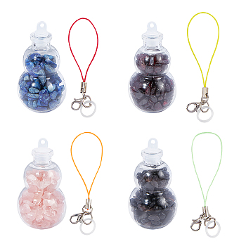 Transparent Glass Wishing Bottle Pendant Decoration, with Natural Gemstone Chips inside, Plastic Plug, Nylon Cord and Iron Findings, Gourd, 111~130mm, 4 materials, 1pc/material, 4pcs/set