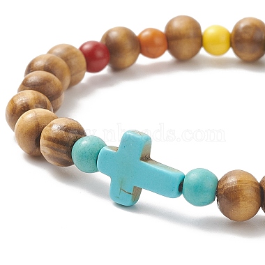 Synthetic Turquoise(Dyed) Cross & Natural Wood Beaded Stretch Bracelet for Women(BJEW-JB09150)-3