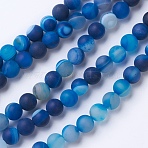 Natural Grade A Striped Agate/Banded Agate Beads Strands, Dyed & Heated, Frosted, Round, Royal Blue, 6mm, Hole: 1mm, about 62pcs/strand, 14 inch(G-E478-05-6mm)