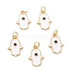 Brass Enamel Pendants, Long-Lasting Plated, Real 18K Gold Plated, Hamsa Hand, White, 13x9x1.5mm, Hole: 2.8mm(KK-P204-11G-C)