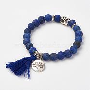 Natural Lapis Lazuli(Dyed & Heated) Beads Stretch Bracelets, with Brass & Alloy Findings & Tassel Pendants, Frosted, Round & Buddha Head, Burlap Packing, 2-1/8 inch(53mm)(BJEW-JB02812-01)