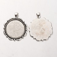 Tibetan Style Alloy Flower Pendant Cabochon Settings, Cadmium Free & Lead Free, with Flat Round Tray, Antique Silver, 46x38x2mm, Hole: 5x7mm, Tray: 30mm, about 121pcs/kg(PALLOY-J494-37AS)
