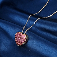 Brass Micro Pave Cubic Zirconia Heart Pendant Necklaces for Women, Real 18K Gold Plated, Cable Chain Necklace, Pink, 15-3/4 inch(40cm)(RK4443-2)