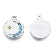 304 Stainless Steel Pendants, with Rhinestone, Flat Round with Moon & Star, Stainless Steel Color, 19x15.5x2.5mm, Hole: 1.6mm(STAS-N098-162P)