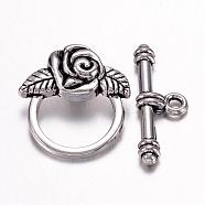 Tibetan Style Rose Toggle Clasps for Valentine's Jewelry Making, Lead Free & Cadmium Free & Nickel Free, Antique Silver, Size: Flower: 18mm wide, 19mm long, Bar: 4mm wide, 24mm long, hole: 2mm(X-LF0026Y-NF)