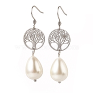Natural Teardrop Shell Pearl Beads Dangle Earrings, with 316 Surgical Stainless Steel Cubic Zirconia Findings and 304 Stainless Steel Earring Hooks, with Packing Box, Stainless Steel Color, 52mm, Pin: 0.6mm(EJEW-JE02792)