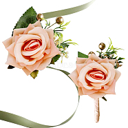 2Pcs 2 Style Cloth Flower Boutonniere Brooch, with Silk Cloth Imitation Rose Wrist Corsages, for Wedding Party, PeachPuff, 102~764x10~85mm, 1pc/style(AJEW-CP0001-58C)