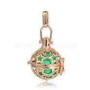 Golden Plated Brass Hollow Round Cage Pendants, with No Hole Spray Painted Brass Round Beads, Medium Spring Green, 35x25x21mm, Hole: 3X8mm(KK-J226-16G)
