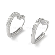 Clear Cubic Zirconia Heart Hoop Earrings, Brass Jewelry for Women, Real Platinum Plated, 18x2.5mm(EJEW-L292-010P)