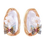 Shell Pearl with Acrylic Butterfly Stud Earrings, Golden Brass Wire Wrap Jewelry for Women, Colorful, 20x12mm, Pin: 0.8mm(JE972A)