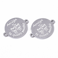 201 Stainless Steel Links connectors, Flat Round with Word and girls, Friendship, Stainless Steel Color, 16x21x1mm, Hole: 1.4mm(STAS-S079-156B-P)