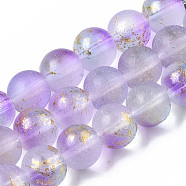 Frosted Spray Painted Glass Beads Strands, with Golden Foil, Round, Medium Purple, 10~11mm, Hole: 1.4~1.6mm, about 39~42pcs/Strand, 14.84 inch~15.27 inch(37.7~38.8cm)(GLAA-N035-03D-C05)