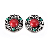 Synthetic Turquoise Multi-strand Links, with Tibetan Style Alloy Findings, Flat Round, Antique Silver, Red, 42x44x7mm, Hole: 2mm(TIBE-F021-02AS)