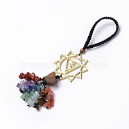 Natural Raw Tiger Eye & Mixed Stone Chips Tassel Pendant Decorations, Chakra Theme Alloy Charms Hanging Ornament, Manipura, 170mm, Link: 44x2mm(HJEW-P014-01G-06)
