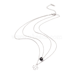 304 Stainless Steel Necklaces, Double Layer Necklaces with Porcelain Glass Bead & Cross Pendant, Platinum, 38.3cm(NJEW-M189-01P)