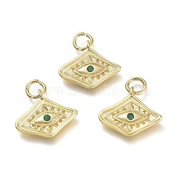 Brass Micro Pave Cubic Zirconia Pendants, with Jump Rings, Diamond with Evil Eye, Real 18K Gold Plated, Dark Green, 13x15x2mm, Hole: 3.6mm(KK-P188-C01-G)