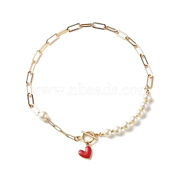 Glass Pearl Beaded Necklaces, with 304 Stainless Steel Paperclip Chains and Heart Charms, Golden, Red, 16.73 inch(42.5cm)(X1-NJEW-TA00004)