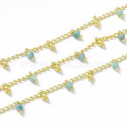 Handmade Brass Curb Chains, with Natural Amazonite Round Beaded Charms, Soldered, with Spool, Real 18K Gold Plated, Link: 3x1.7x0.4mm(CHC-F015-13G-01)