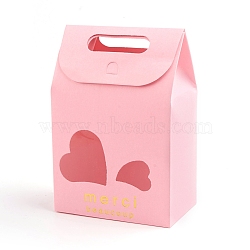 Rectangle Paper Bags with Handle and Clear Heart Shape Display Window, for Bakery, Cookie, Candies, Gift Bag, Pink, 6x10x15.4cm(CON-D006-01D-04)