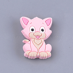 Food Grade Eco-Friendly Silicone Focal Beads, Kitten, Chewing Beads For Teethers, DIY Nursing Necklaces Making, Cat, Pink, 29.5x22x8mm, Hole: 2mm(SIL-T052-02D)