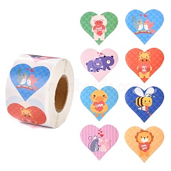 Valentine's Day Theme Paper Gift Tag Stickers, 8 Style Heart Shape & Animal Pattern Adhesive Labels Roll Stickers, for Party, Decorative Presents, Colorful, 4.1cm, about 500pcs/roll(X-DIY-C007-01B)