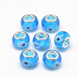 Handmade Evil Eye Lampwork European Beads, with Brass Double Cores, Large Hole Beads, Rondelle, Platinum, Deep Sky Blue, 14~15x10~11mm, Hole: 5mm(LAMP-T004-28A)